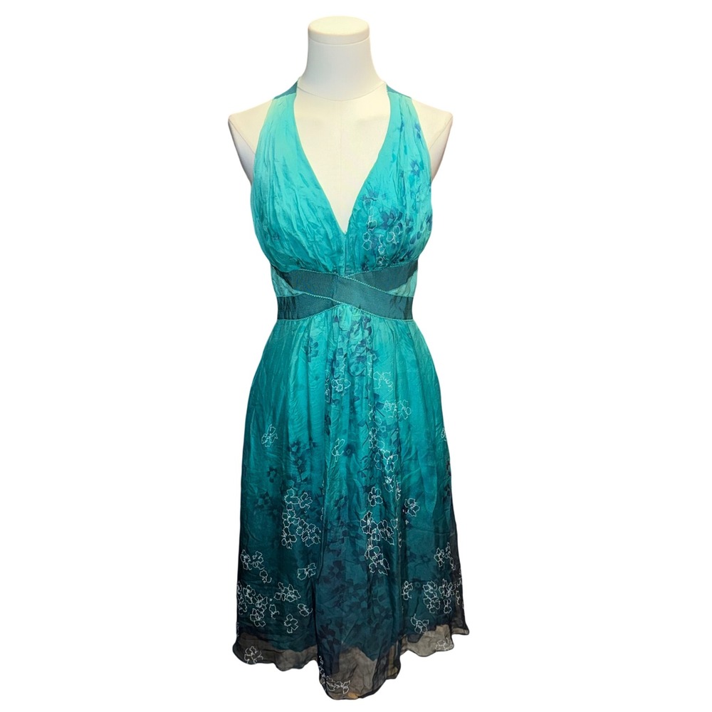 Max Mara Pianoforte 100% Silk Teal Floral Midi Dress Size US 12 Boho Cottage